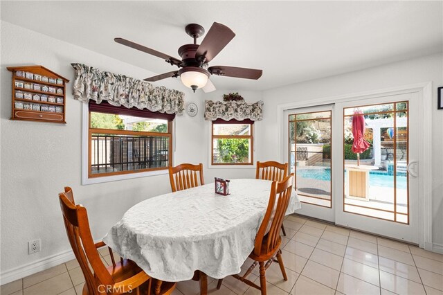 24449 Nan Ct, Diamond Bar, CA 91765 - dining area with light tile patterned floors, ceiling fan, and baseboards
