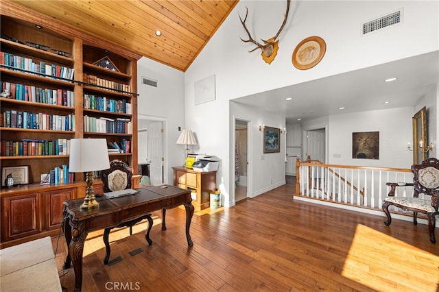 24449 Nan Ct, Diamond Bar, CA 91765 - office space with high vaulted ceiling, hardwood / wood-style floors, wooden ceiling, recessed lighting, and baseboards