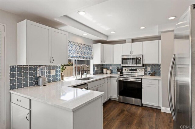 kitchen with appliances with stainless steel finishes, a sink, a peninsula, light countertops, and dark wood-style flooring