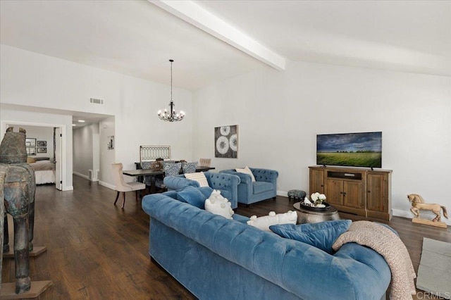living area featuring a chandelier, dark wood-style flooring, and baseboards