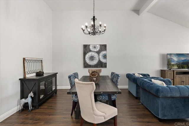 dining area featuring a chandelier, beam ceiling, dark wood-type flooring, baseboards, and high vaulted ceiling