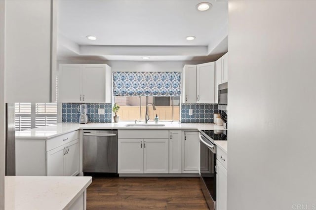 kitchen featuring a sink, stainless steel appliances, decorative backsplash, white cabinetry, and recessed lighting