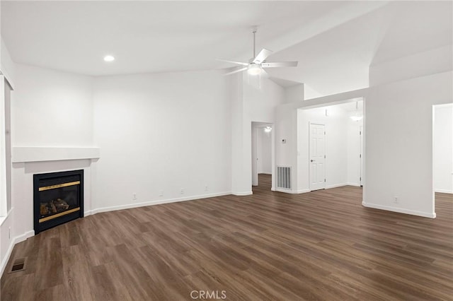 6175 Showdown Cir, Magalia, CA 95954 - unfurnished living room featuring a ceiling fan, a glass covered fireplace, dark wood finished floors, baseboards, and recessed lighting