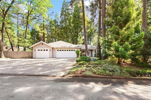 6175 Showdown Cir, Magalia, CA 95954 - single story home with fence, driveway, an attached garage, and view of wooded area