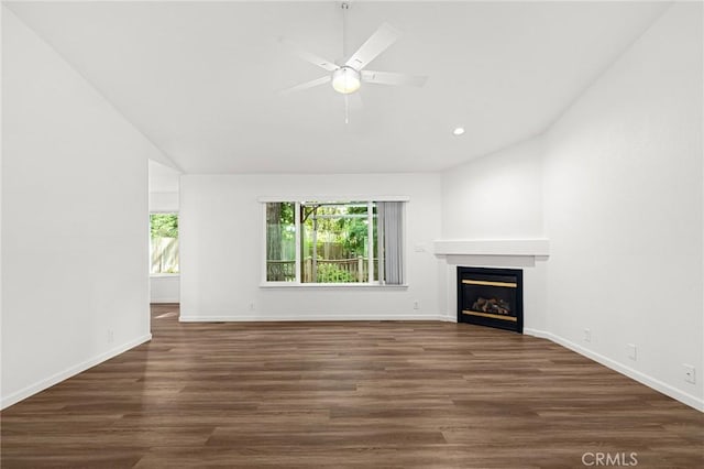 6175 Showdown Cir, Magalia, CA 95954 - unfurnished living room featuring lofted ceiling, a fireplace, wood finished floors, ceiling fan, and recessed lighting