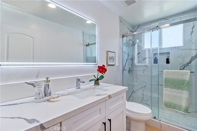 10612 Ketch Ave, Garden Grove, CA 92843 - full bathroom with vanity, a marble finish shower, and recessed lighting