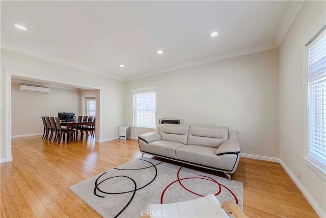 1720 W 25th St, Los Angeles, CA 90018 - living room with light wood-style floors, plenty of natural light, crown molding, a wall mounted air conditioner, and baseboards