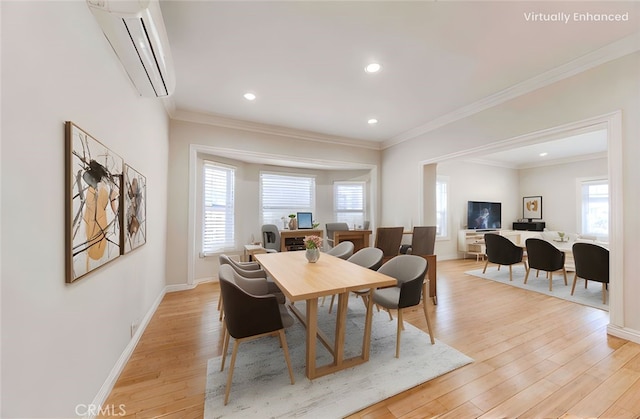 1720 W 25th St, Los Angeles, CA 90018 - dining area with a wall mounted AC, healthy amount of natural light, light wood-type flooring, crown molding, and recessed lighting