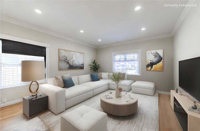 1720 W 25th St, Los Angeles, CA 90018 - living area featuring light wood finished floors, baseboards, recessed lighting, and crown molding