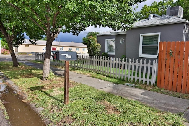 1201 S St, Corning, CA 96021 - view of front of property featuring stucco siding, central air condition unit, a fenced front yard, and roof with shingles