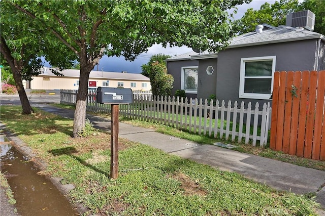 1201 S St, Corning, CA 96021 - view of front of property with stucco siding, central AC unit, a fenced front yard, and roof with shingles