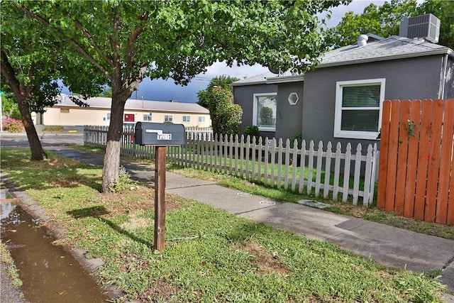 1201 S St, Corning, CA 96021 - view of front of property featuring stucco siding, central air condition unit, a fenced front yard, and a shingled roof