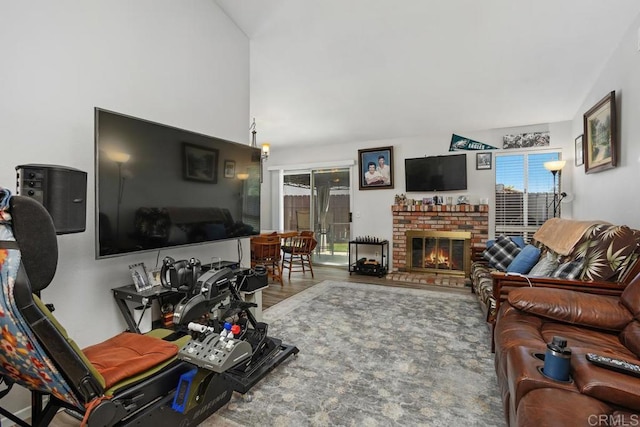 4616 Arrowhead Ct, Oceanside, CA 92056 - living area with a brick fireplace and lofted ceiling