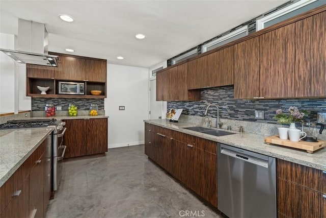 11575 Sunshine Ter, Studio City, CA 91604 - kitchen featuring appliances with stainless steel finishes, open shelves, a sink, island range hood, and tasteful backsplash