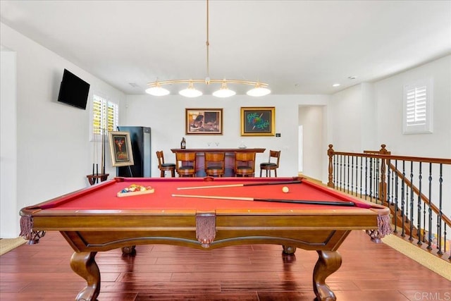 game room featuring billiards, hardwood / wood-style floors, and recessed lighting