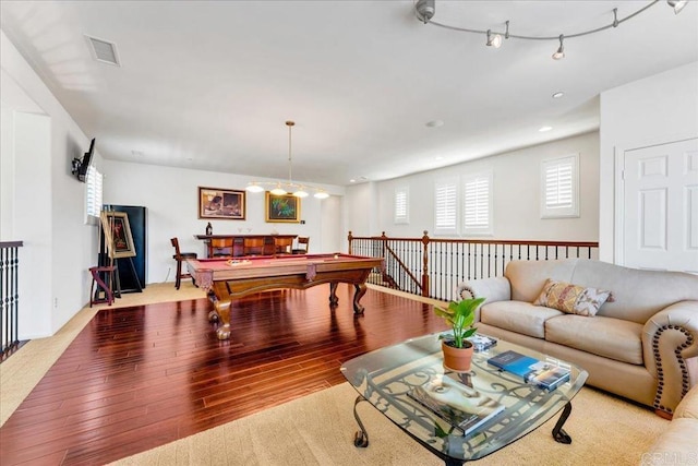 recreation room featuring hardwood / wood-style floors, billiards, and recessed lighting