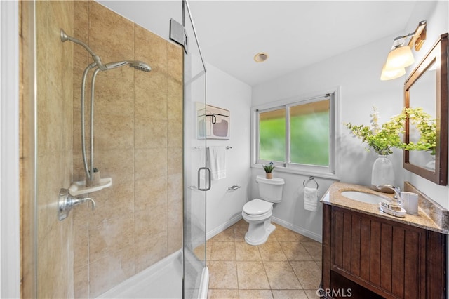 1212 Oakwood Dr, Arcadia, CA 91006 - full bathroom featuring a shower stall, toilet, tile patterned flooring, vanity, and baseboards