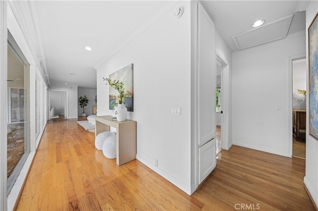 1212 Oakwood Dr, Arcadia, CA 91006 - corridor featuring light wood finished floors, baseboards, recessed lighting, and crown molding
