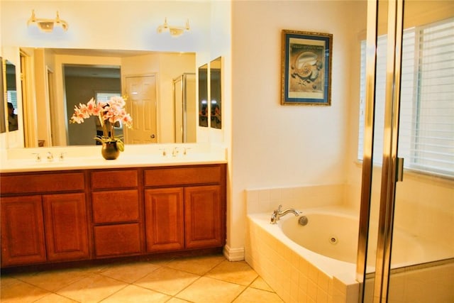 bathroom with a whirlpool tub, tile patterned flooring, double vanity, and a shower with door