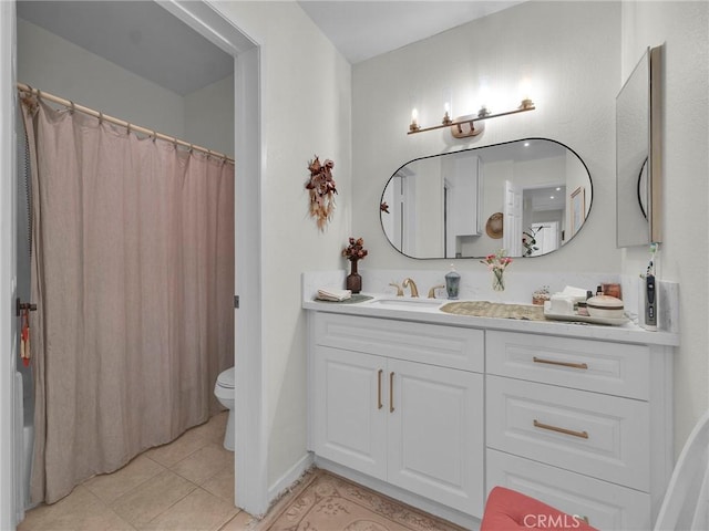 full bath with toilet, vanity, tile patterned floors, and curtained shower