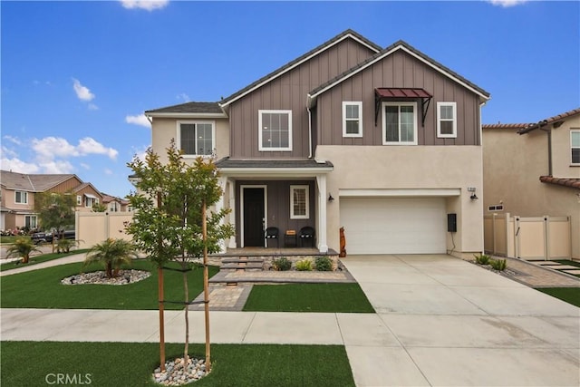 18100 Tableau Way, Saugus, CA 91350 - view of front of property featuring an attached garage, board and batten siding, driveway, a gate, and a porch