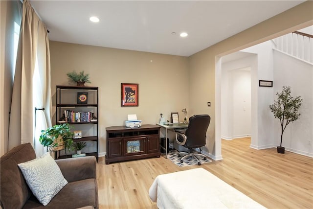 18100 Tableau Way, Saugus, CA 91350 - home office featuring light wood-style flooring, baseboards, and recessed lighting