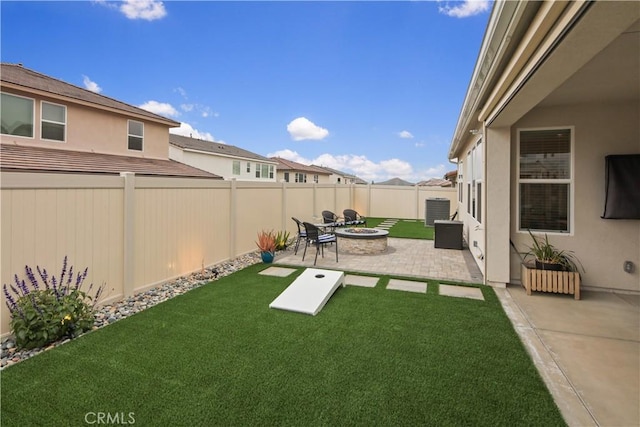 18100 Tableau Way, Saugus, CA 91350 - view of yard with an outdoor fire pit, a patio area, and cooling unit