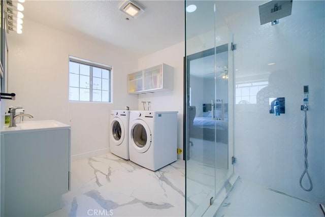 308 13th St, Seal Beach, CA 90740 - washroom with independent washer and dryer, light marble finish floors, and baseboards