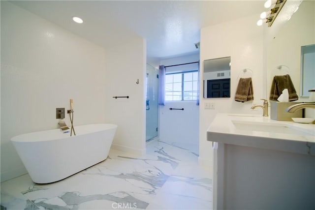 308 13th St, Seal Beach, CA 90740 - full bath with a shower stall, a soaking tub, baseboards, vanity, and recessed lighting