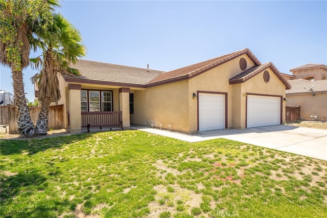 126 Schooner Ct, San Jacinto, CA 92583 - ranch-style home featuring a garage, concrete driveway, stucco siding, and a tile roof
