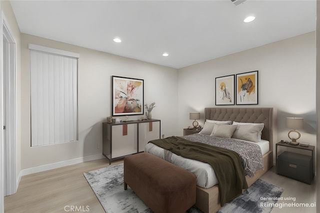 bedroom featuring light wood-style floors, baseboards, and recessed lighting