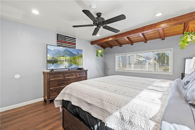 5136 W W Ave L8, Lancaster, CA 93536 - bedroom featuring beam ceiling, baseboards, recessed lighting, dark wood-type flooring, and a ceiling fan