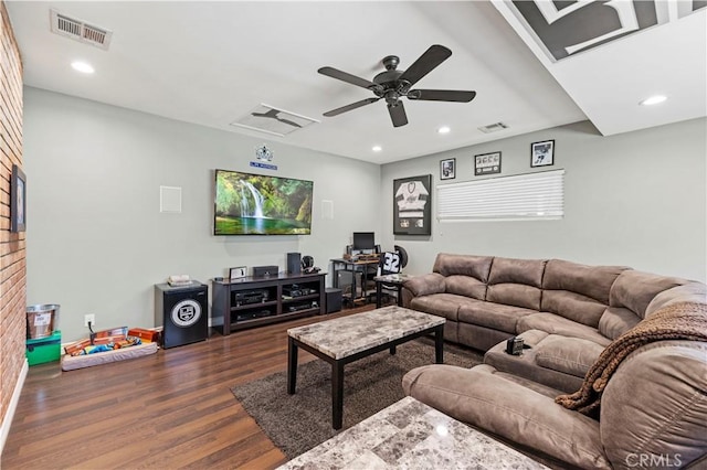 5136 W W Ave L8, Lancaster, CA 93536 - living room with dark wood-style flooring, a ceiling fan, recessed lighting, and a fireplace