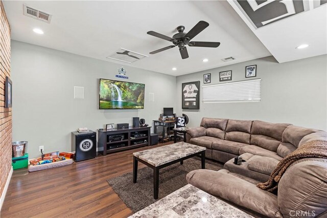 5136 W W Ave L8, Lancaster, CA 93536 - living area featuring dark wood-style floors, ceiling fan, recessed lighting, and a brick fireplace