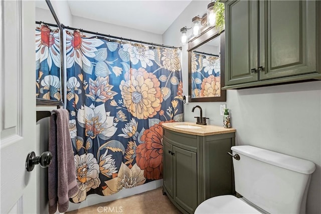5136 W W Ave L8, Lancaster, CA 93536 - full bathroom with vanity, toilet, tile patterned floors, and a shower with curtain