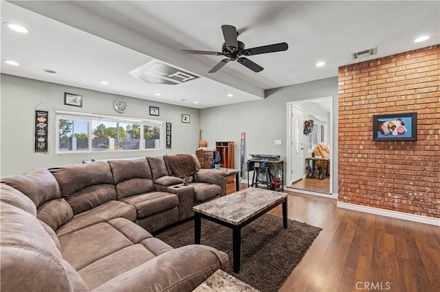 5136 W W Ave L8, Lancaster, CA 93536 - living area featuring brick wall, a ceiling fan, recessed lighting, wood finished floors, and baseboards