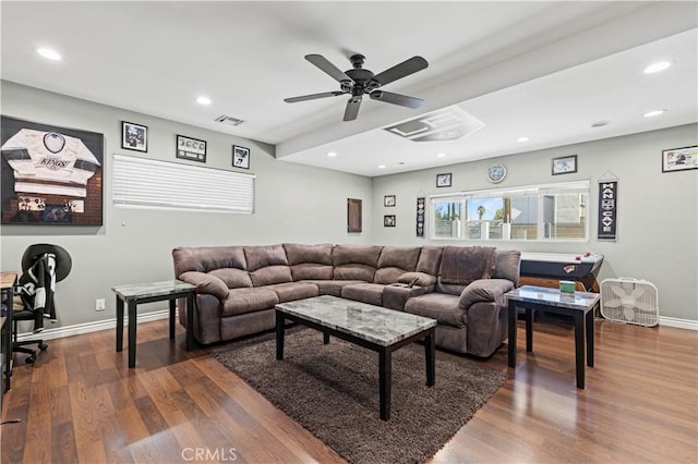 5136 W W Ave L8, Lancaster, CA 93536 - living area with recessed lighting, dark wood-style flooring, baseboards, and ceiling fan