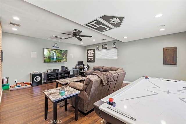 5136 W W Ave L8, Lancaster, CA 93536 - living room with dark wood-style floors, ceiling fan, and recessed lighting