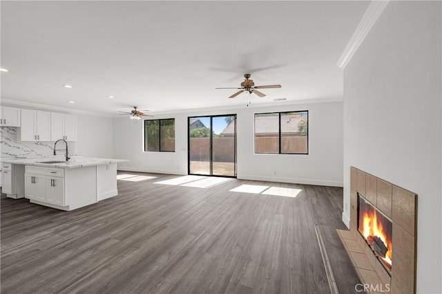 47432 Bahama Ct, Indio, CA 92201 - unfurnished living room with crown molding, a sink, baseboards, ceiling fan, and a fireplace