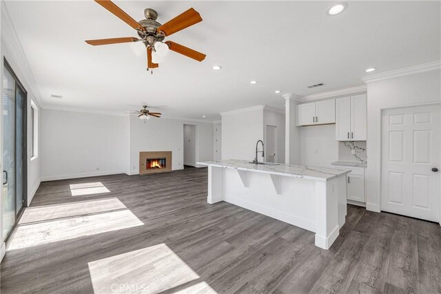 47432 Bahama Ct, Indio, CA 92201 - kitchen with a sink, ceiling fan, recessed lighting, a glass covered fireplace, and white cabinets