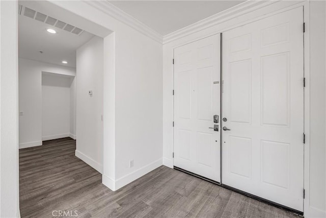 47432 Bahama Ct, Indio, CA 92201 - foyer with wood finished floors, baseboards, recessed lighting, and crown molding