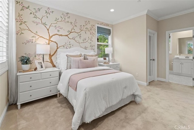 208 Radial, Irvine, CA 92618 - bedroom featuring light colored carpet, crown molding, baseboards, connected bathroom, and recessed lighting