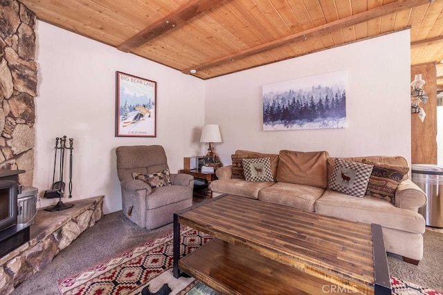 2032 Cedar Pine Ln, Big Bear City, CA 92314 - carpeted living room with wood ceiling, a wood stove, and beam ceiling