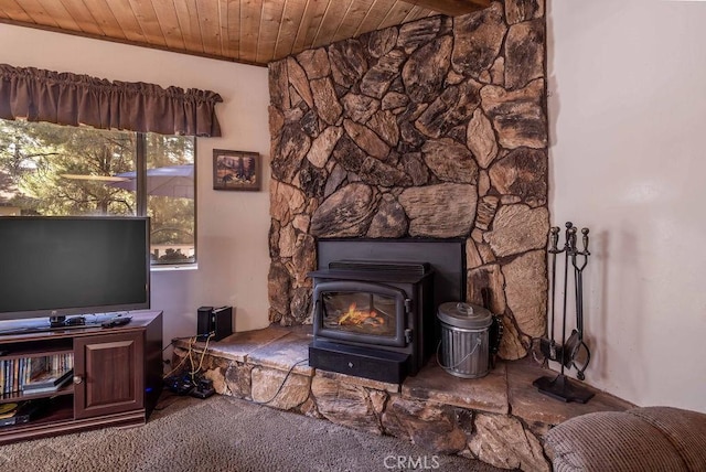 2032 Cedar Pine Ln, Big Bear City, CA 92314 - living area with a wood stove and wood ceiling