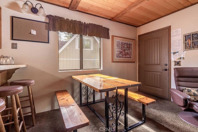 2032 Cedar Pine Ln, Big Bear City, CA 92314 - dining area with wooden ceiling, carpet flooring, and beam ceiling