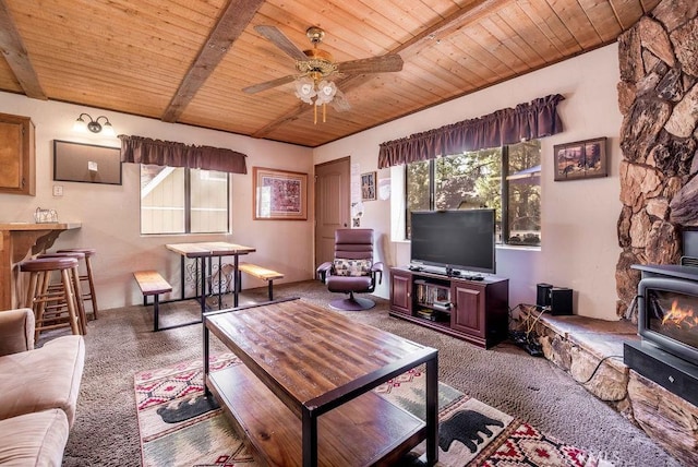 2032 Cedar Pine Ln, Big Bear City, CA 92314 - living area featuring wood ceiling, carpet, a ceiling fan, and a wood stove