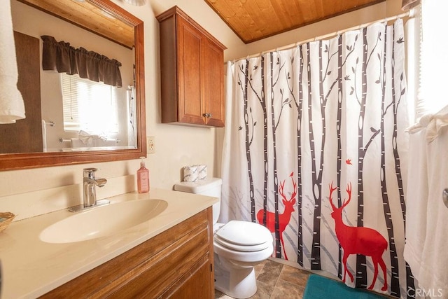 2032 Cedar Pine Ln, Big Bear City, CA 92314 - bathroom featuring toilet, vanity, wood ceiling, and curtained shower