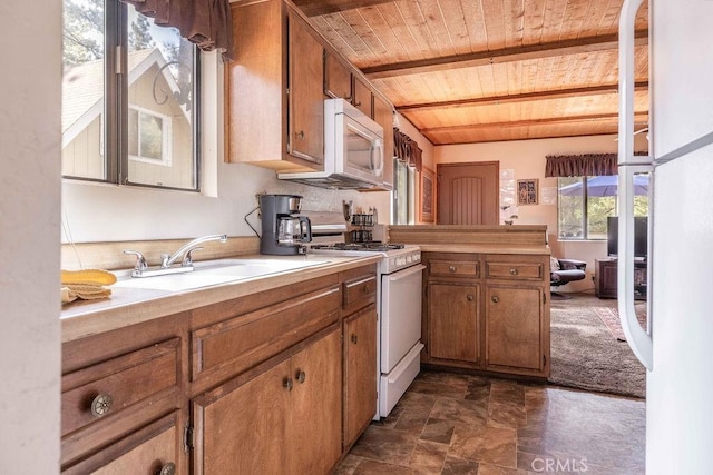 2032 Cedar Pine Ln, Big Bear City, CA 92314 - kitchen featuring white appliances, a sink, wood ceiling, brown cabinetry, and light countertops