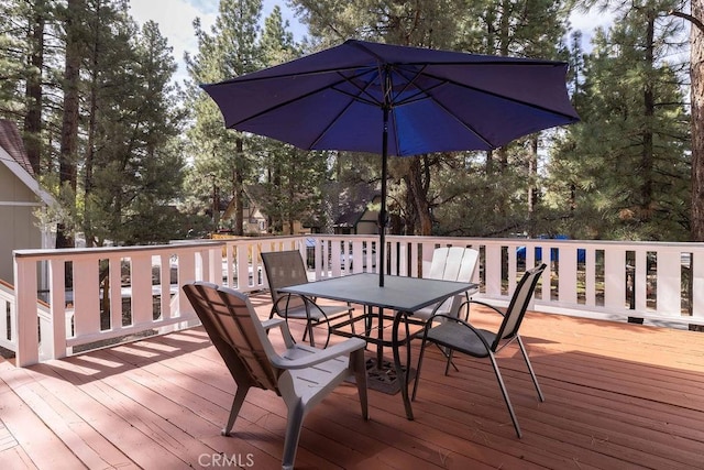 2032 Cedar Pine Ln, Big Bear City, CA 92314 - wooden terrace featuring outdoor dining space and view of wooded area