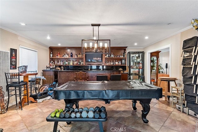 1704 Pass And Covina Rd, West Covina, CA 91792 - game room with crown molding, a dry bar, billiards table, light tile patterned floors, and recessed lighting